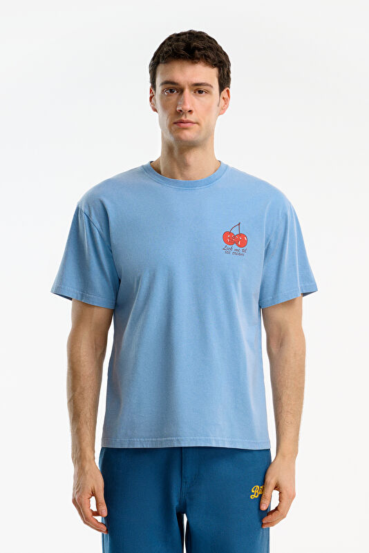 Relax Kalıp Mavi Bisiklet Yaka Baskılı Erkek T-Shirt