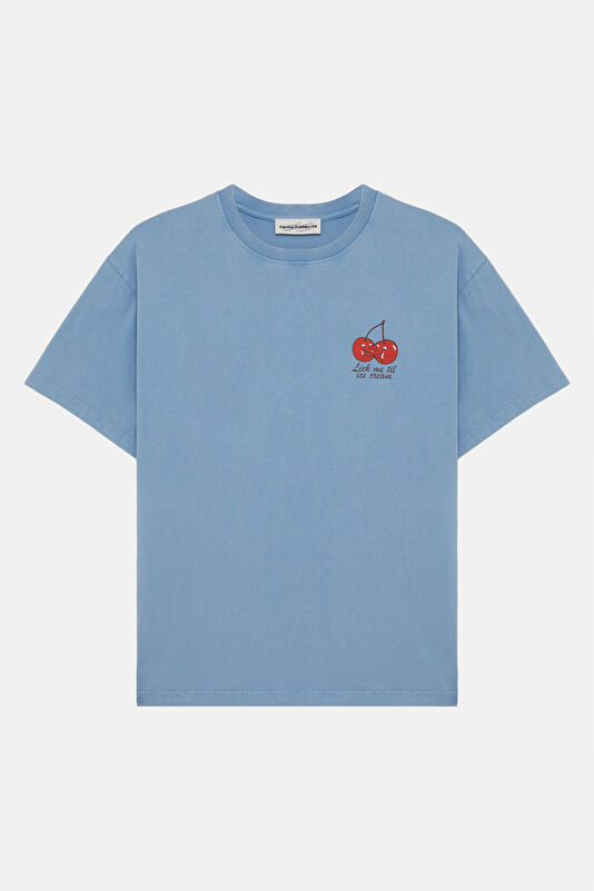 Relax Kalıp Mavi Bisiklet Yaka Baskılı Erkek T-Shirt 4