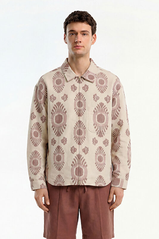 Ecru Buttoned Cotton/Linen Men's Jacket