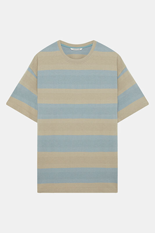 Relax Kalıp Turkuaz Bisiklet Yaka Çizgili Erkek T-Shirt