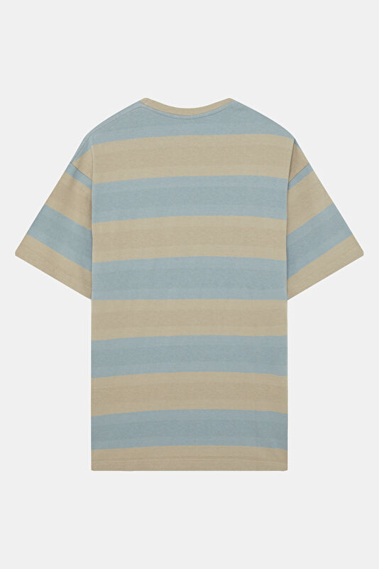 Relax Kalıp Turkuaz Bisiklet Yaka Çizgili Erkek T-Shirt 2