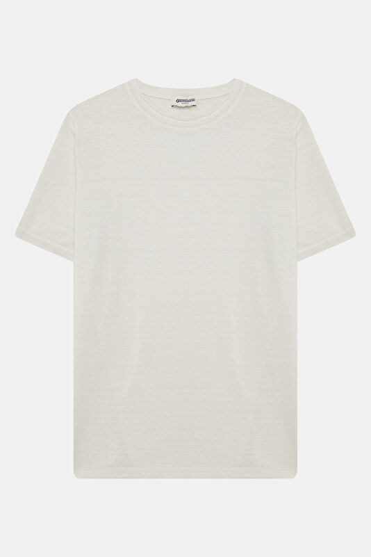Ekru Bisiklet Yaka Keten Erkek T-Shirt