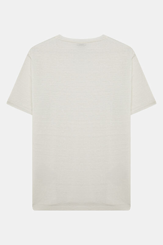Ekru Bisiklet Yaka Keten Erkek T-Shirt 2
