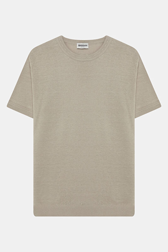 Beige Crew Neck Linen Men's T-Shirt