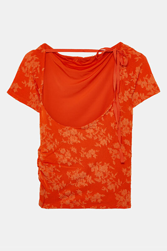 Orange Patterned Short-Sleeved Women's Blouse 2