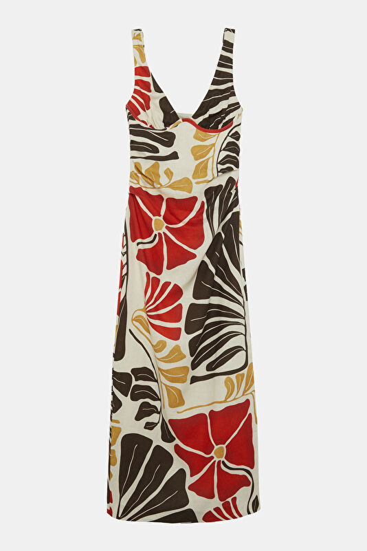 Cream Patterned Midi Linen Women's Dress 3