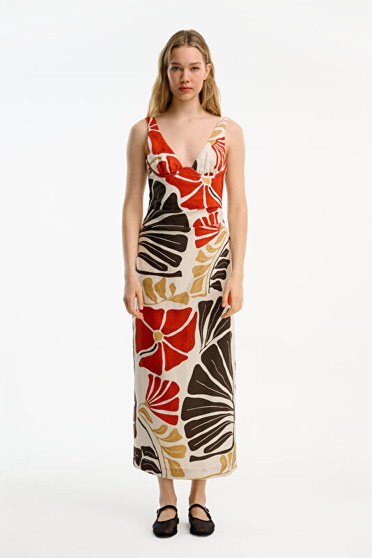 Cream Patterned Midi Linen Women's Dress