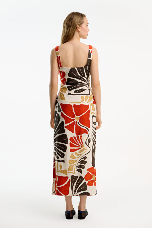 Cream Patterned Midi Linen Women's Dress 2