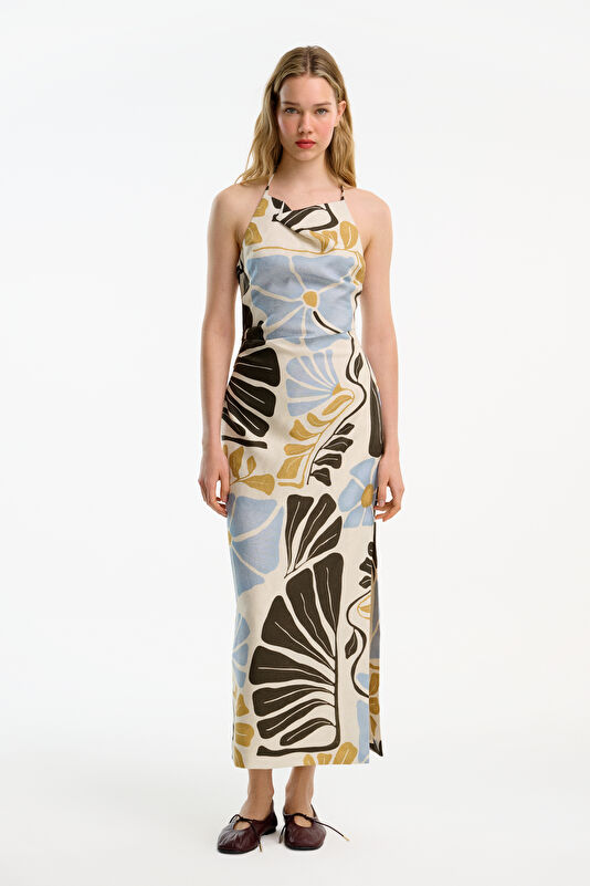 Cream Patterned Linen Women's Dress