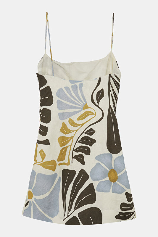 Cream Patterned Mini Linen Women's Dress 4