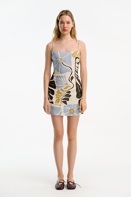 Cream Patterned Mini Linen Women's Dress