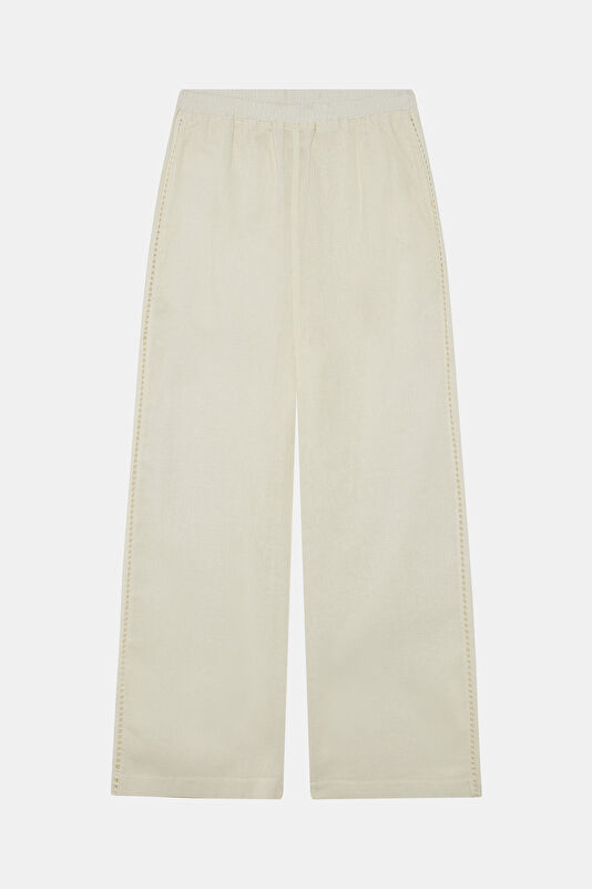 Ekru Wide Leg Pamuk/Keten Kadın Pantolon