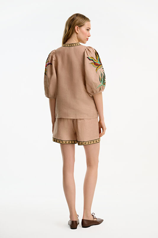 Beige Patterned Linen Women's Shorts 2