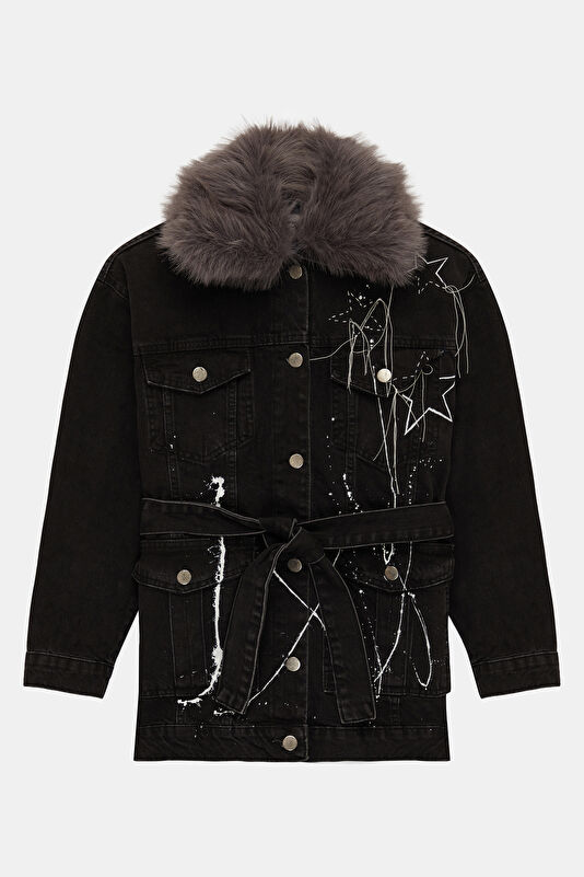 Black Faux Fur Collar Women's Jacket