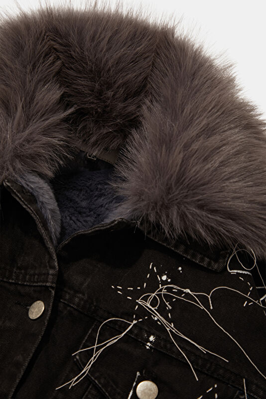 Black Faux Fur Collar Women's Jacket 3