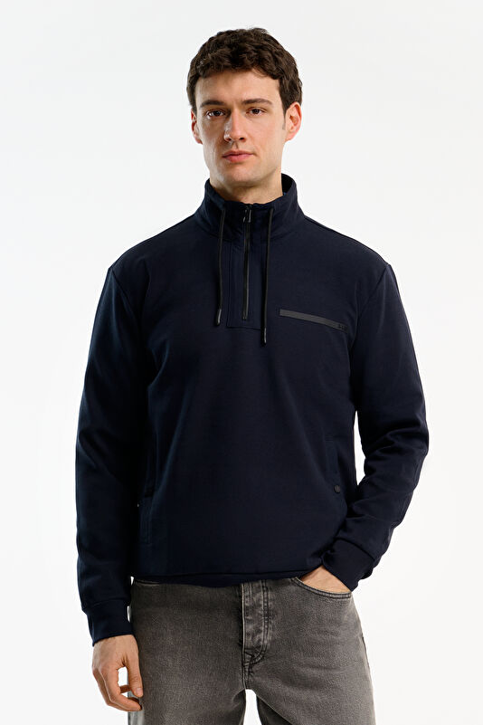 Lacivert Relax Kalıp Dik Yaka Erkek Sweatshirt