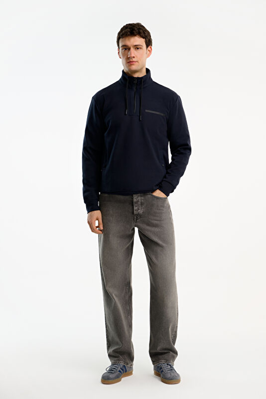 Lacivert Relax Kalıp Dik Yaka Erkek Sweatshirt 3