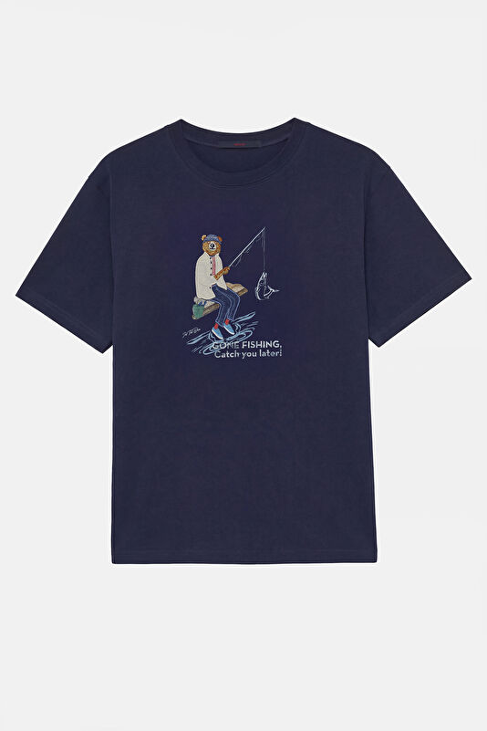 Navy Crew Neck Printed Men's T-Shirt