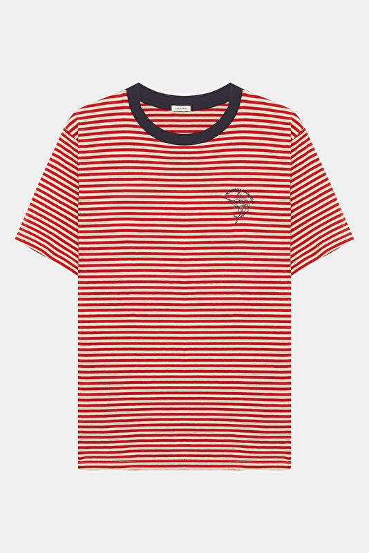 Kırmızı Bisiklet Yaka Çizgili Erkek T-Shirt