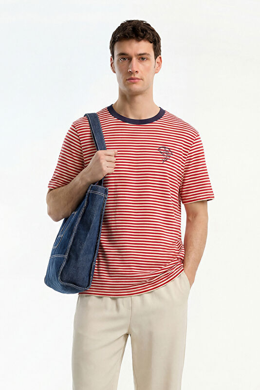 Red Crew Neck Striped Men's T-Shirt
