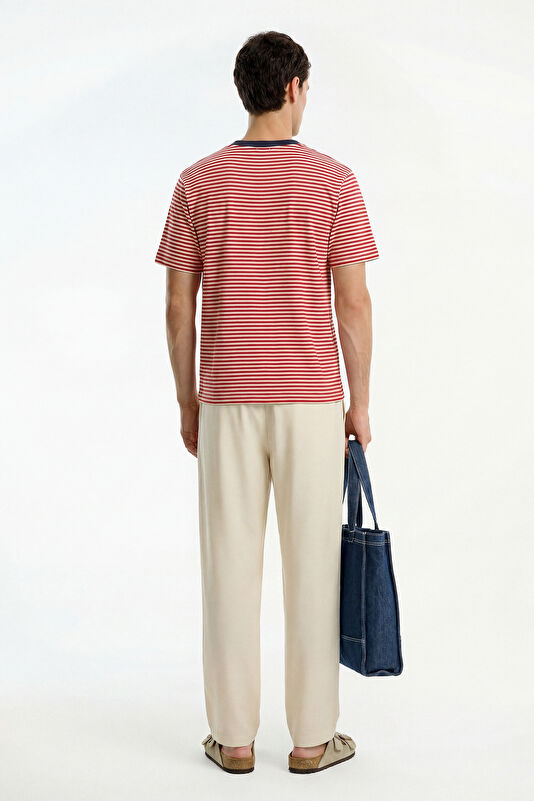 Red Crew Neck Striped Men's T-Shirt 2