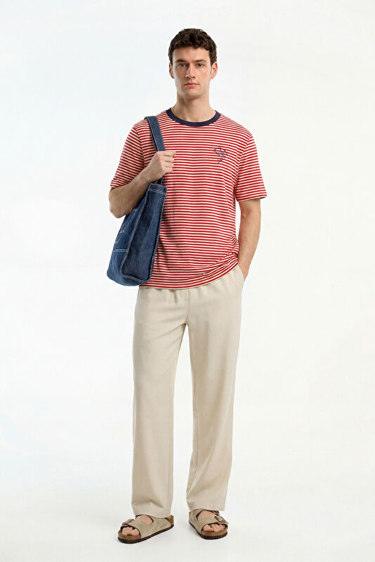 Red Crew Neck Striped Men's T-Shirt 3