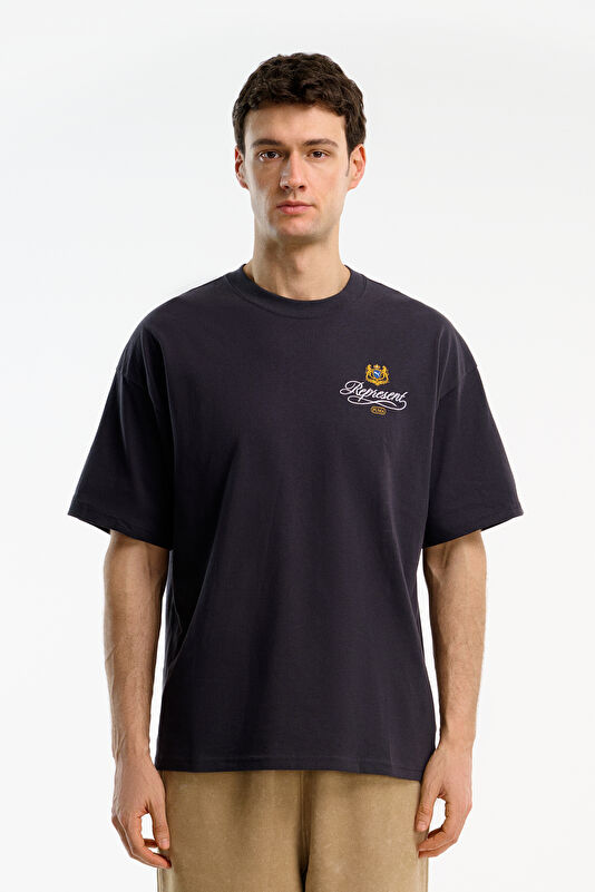 X Represent Relax Kalıp Antrasit Bisiklet Yaka Baskılı Erkek T-Shirt