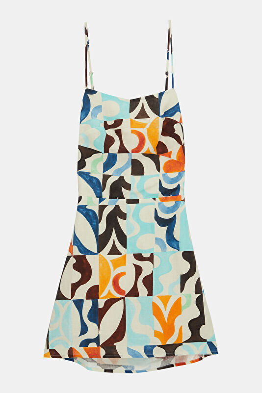 Multicolored Patterned Linen Women's Short Dress 3