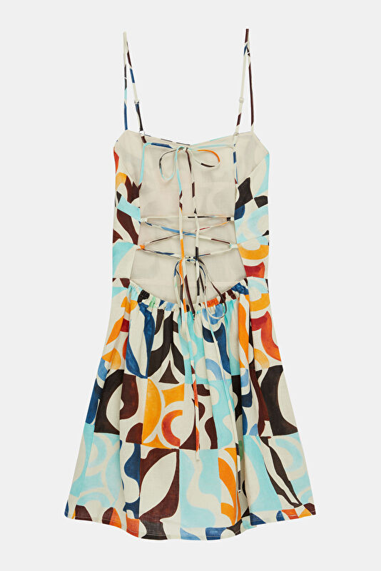 Multicolored Patterned Linen Women's Short Dress 4