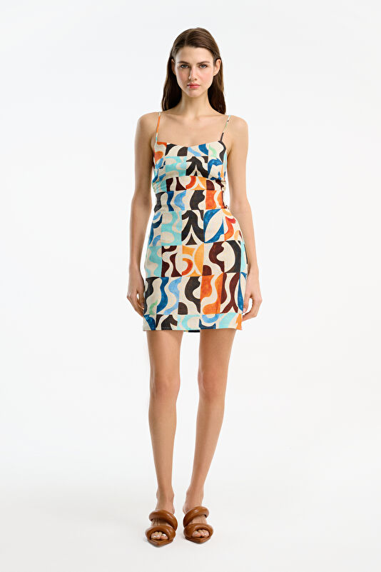 Multicolored Patterned Linen Women's Short Dress