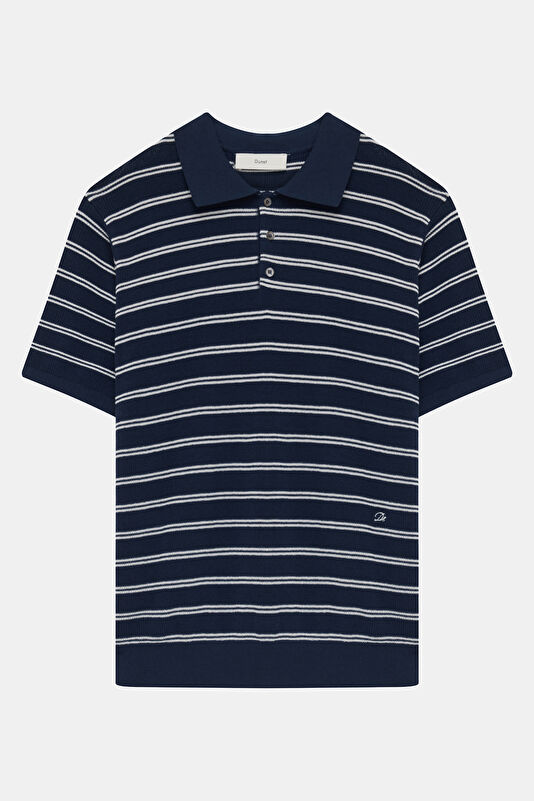 Relax Kalıp Lacivert Polo Yaka Çizgili Erkek T-Shirt