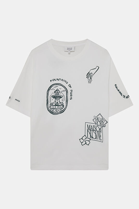Relax Kalıp Beyaz Bisiklet Yaka Nakışlı Erkek T-Shirt