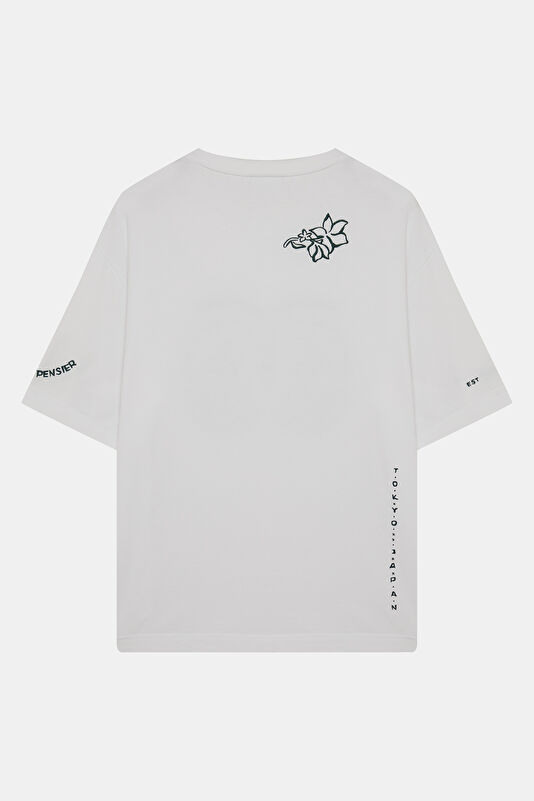 Relax Kalıp Beyaz Bisiklet Yaka Nakışlı Erkek T-Shirt 2