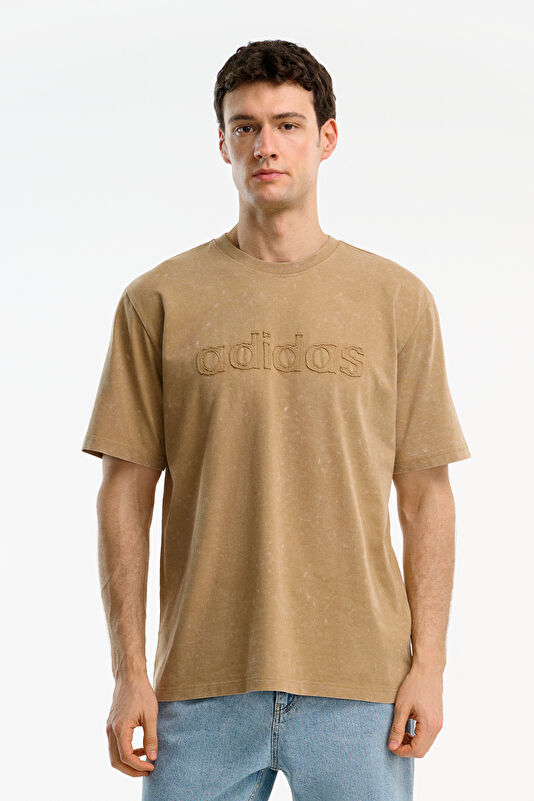 Relax Kalıp Kahve Bisiklet Yaka Nakışlı Erkek T-Shirt