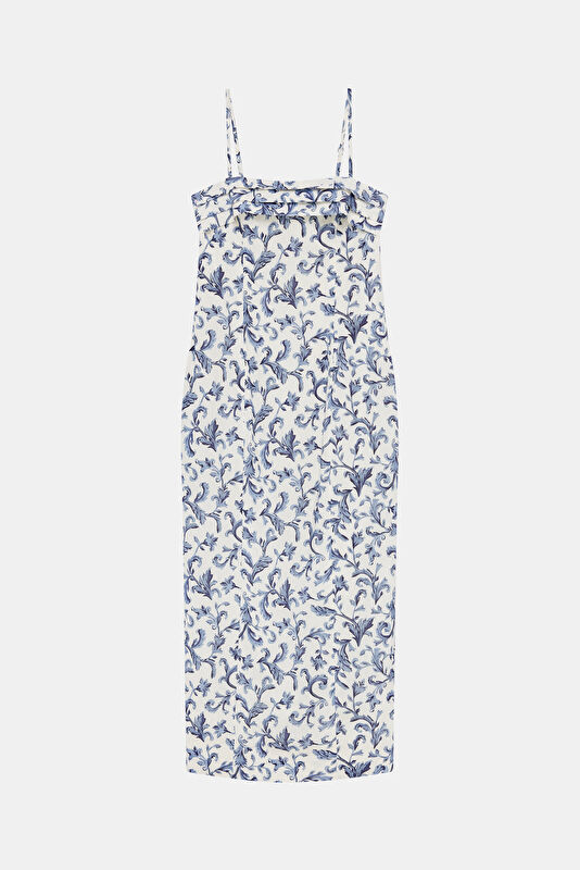 Blue Floral Patterned Midi Linen Women's Dress