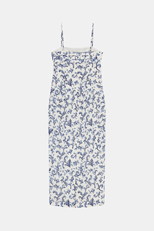 Blue Floral Patterned Midi Linen Women's Dress 2