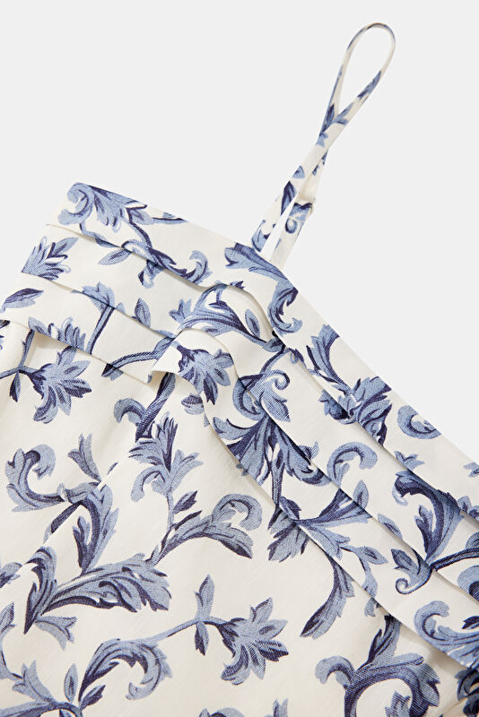 Blue Floral Patterned Midi Linen Women's Dress 3