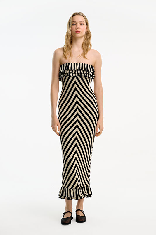 Cream Striped Midi Women's Dress