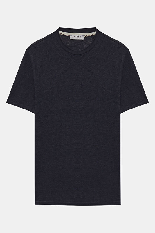 Relax Fit Navy Blue Crew Neck Linen Men's T-Shirt