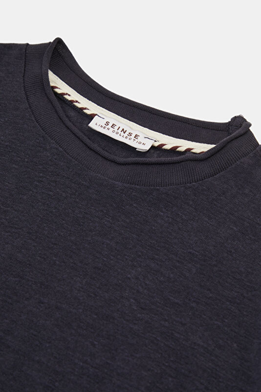 Relax Fit Navy Blue Crew Neck Linen Men's T-Shirt 3