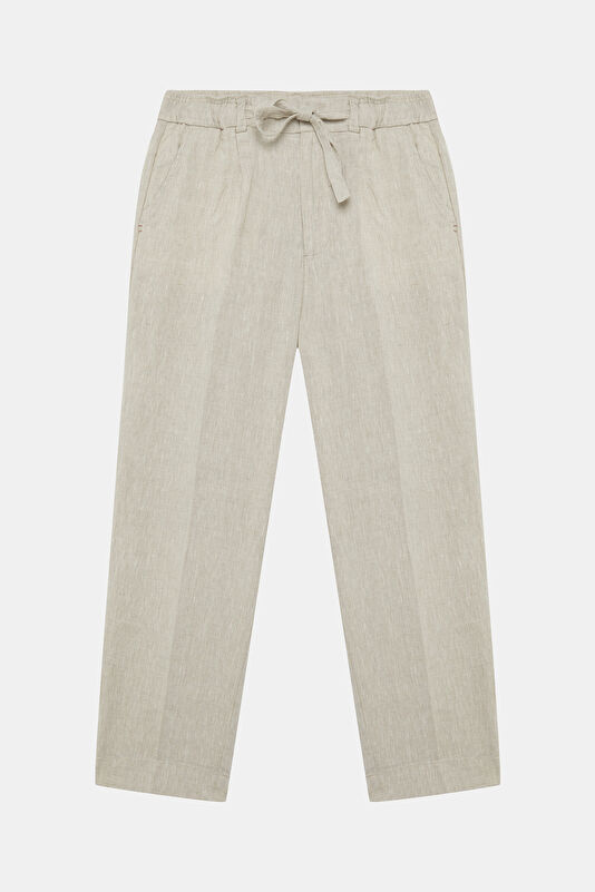 Relax Fit Beige Straight Leg Linen Men's Trousers