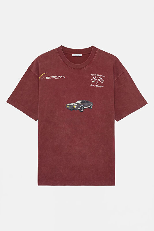 Relax Fit Brick Red Crew Neck Embroidered Men's T-Shirt