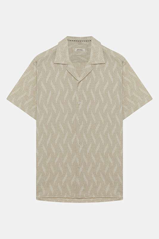 Relax Fit Beige Resort Neck Linen Cotton Men's Shirt
