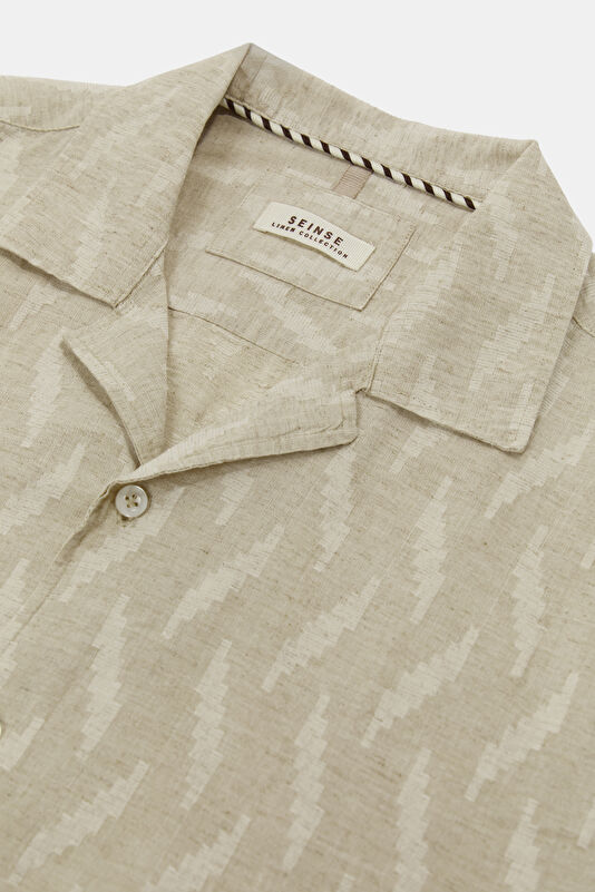 Relax Fit Beige Resort Neck Linen Cotton Men's Shirt 3