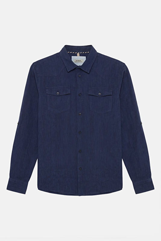 Relax Fit Navy Blue Linen Men's Shirt