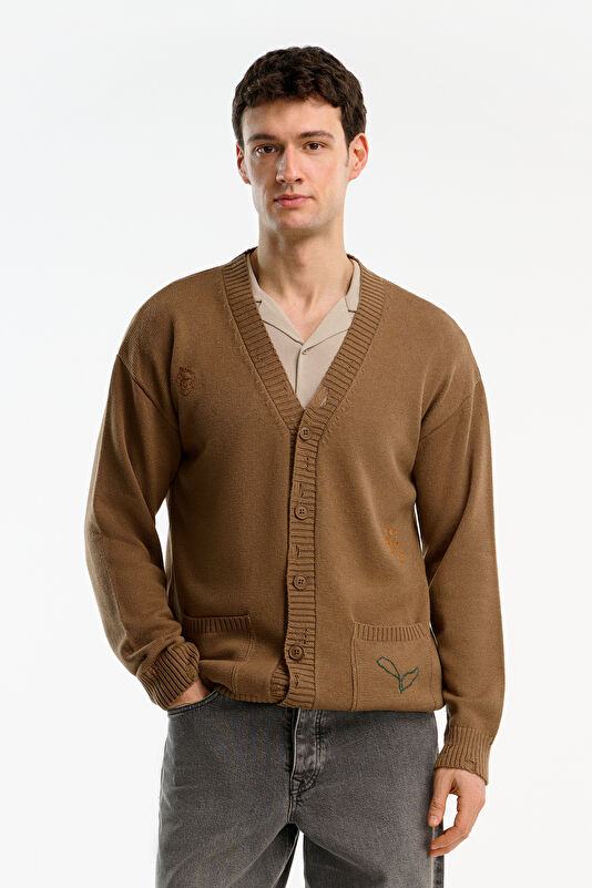 Camel Embroidered Knit Men's Cardigan