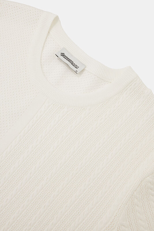 Ecru Crew Neck Knitted Pattern Men's T-Shirt 3