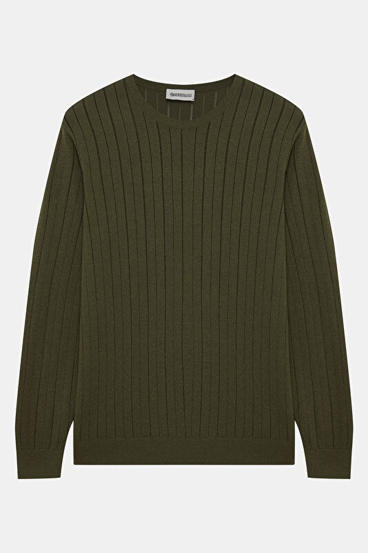 Khaki Striped Pattern Viscose Knit Men's Sweater