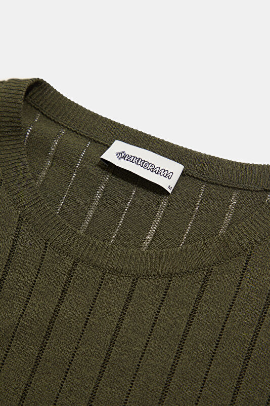 Khaki Striped Pattern Viscose Knit Men's Sweater 3