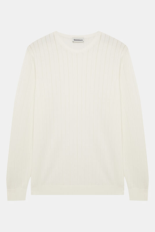 Ecru Striped Pattern Viscose Knit Men's Sweater